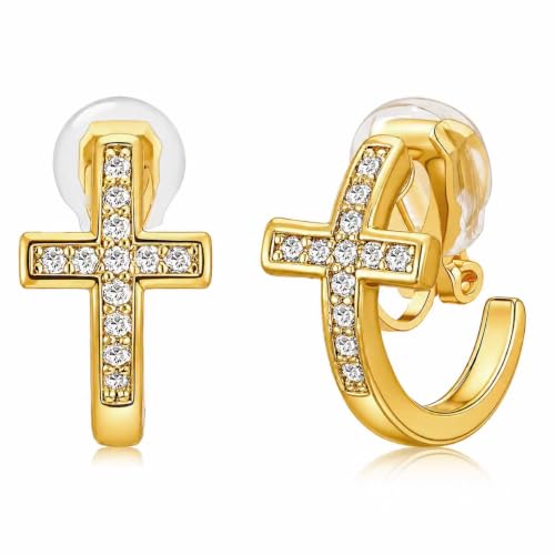FAN&LOUIS 24K Gold Plated Cross Clip On Earrings for Women, Small Hoop Huggie Trendy Hypoallergenic Lightweight Cross Hoop Clip-On Earrings for Non-Pierced Ears