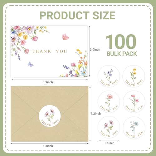 100 Sets Wildflower Thank You Cards with Kraft Envelopes Sticker Watercolor Floral Blank Greeting Cards for Mother's Day Baby Showers Valentines Holiday Birthday Wedding Party Favors - style: 100 pcs