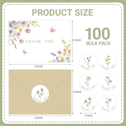 100 Sets Wildflower Thank You Cards with Kraft Envelopes Sticker Watercolor Floral Blank Greeting Cards for Mother's Day Baby Showers Valentines Holiday Birthday Wedding Party Favors - style: 100 pcs