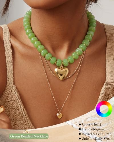 ZHESHY Chunky Beaded Necklaces for Women Heart Cross Statement Necklace - color: Green 2