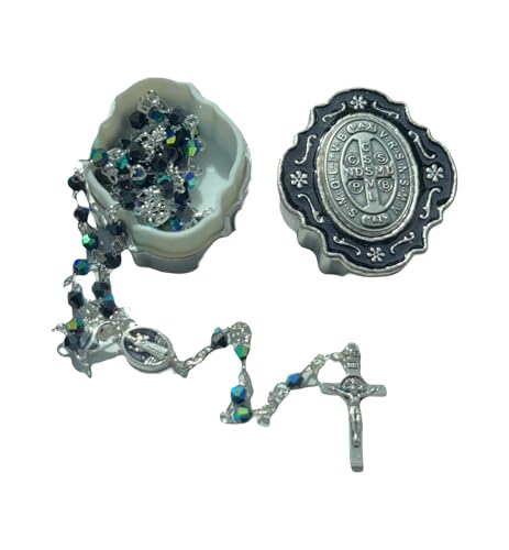 Catholic Silver Linked Rosary Set – 3mm Beads, 14.25" Length, Metal Keepsake Gift Box with Enamel Inlay – Perfect First Communion Gift (Saint Benedict) - color: Saint Benedict
