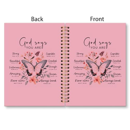 huester Inspirational Christian Butterfly Notebook Journal, God Says You Are Bible Scripture Pink Journal Notebooks for Note Taking, Bible Journaling Hardcover Paper Spiral Notebook, 5.5x8.3 Inch - color: pink
