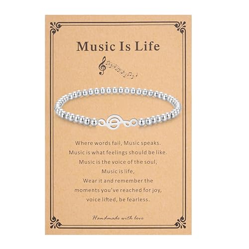 morniface Beaded Bracelet for Women, Handmade Stretch Bracelet with Charms, Dainty Stackable and Trendy Jewelry Gift - style: Silver Beaded-musical note