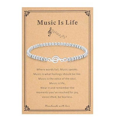 morniface Beaded Bracelet for Women, Handmade Stretch Bracelet with Charms, Dainty Stackable and Trendy Jewelry Gift - style: Silver Beaded-musical note