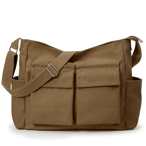 KALIDI Canvas Tote Bag Zipper Large Crossbody Shoulder Bag Messenger Bag - color: Upgraded Brown