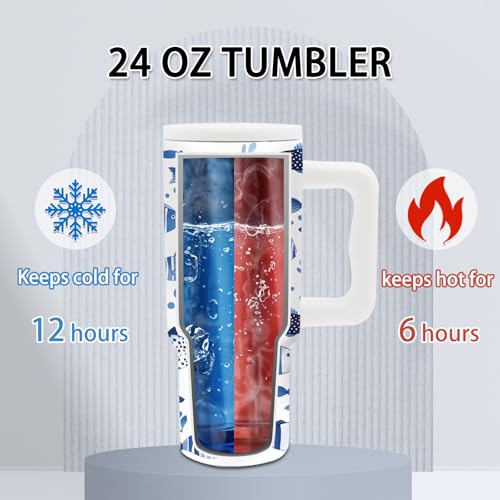 Fish Tumbler with Handle and Straw 24oz, Gifts for Ocean Lovers, Insulated - color: Fish