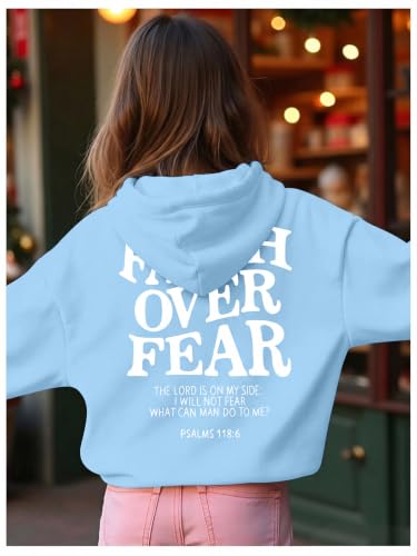 BANGELY Faith Over Fear Hoodie Girl's Christian Sweatshirt Long Sleeve Tops - color: Blue, size: 9-10 Years