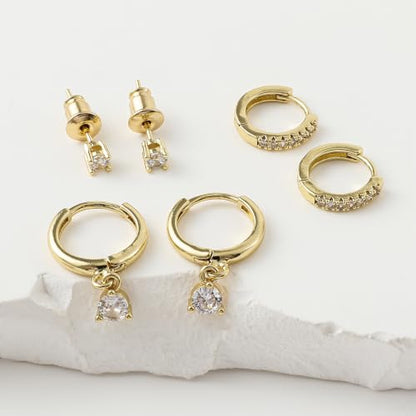 SHERLOVE Gold Earring Stacks Women 3Pairs Dangle Stud Huggie Hoop Set - color: 3 Pairs-Round CZ 01 Stud Gold