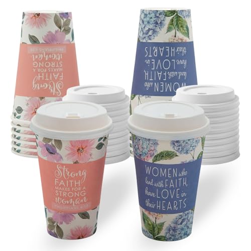 Fun Express 5 1/4" 16 oz. Woman of Faith Disposable Paper Coffee Cups with Lids - 12 count