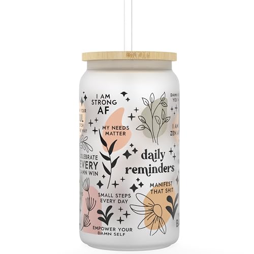 Daily Affirmation Iced Coffee Cup [Frosted], Glass Cups with Bamboo Lids and Straws | 16 oz Mason Jar Drinking Glasses & Boba Cup | Glass Tumbler with Straw and Lid Mental Health [Vulgar Edition] - color: Affirmation (Vulgar)