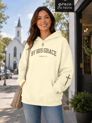 FAYALEQ Christian Sweatshirt By His Grace Letter Print Hoodie Christian Religious Sayings Sweater Bible Pullover Tops - color: Apricot, size: Large