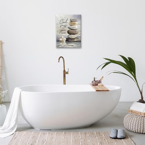 Farmhouse Bathroom Wall Art Rustic Zen Stone Pictures Decor God Says You Are Christian Bible Verse Canvas Country Painting Modern Framed Prints Artwork for Home Bedroom Living Room 12"x16" - color: Zen Stone, size: 12"L x 16"W