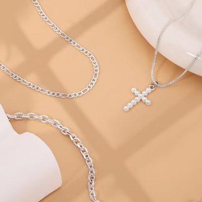 Sterling Silver Cross Necklace for Women Girls Dainty Gold Necklace Stack Non Tarnish Layered Necklaces CZ Cross Pendant Choker Figaro Box Chain Link Layering Stackable Necklaces Trendy Jewelry Gift - color: Sterling Silver