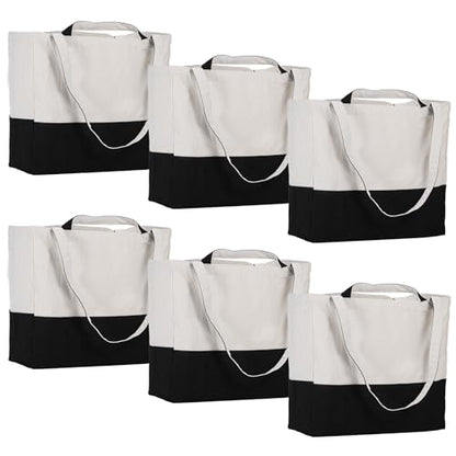 6 Pack Canvas Grocery Bags with Long Shoulder Strap and Short Handle（Black） - color: Black-6pack