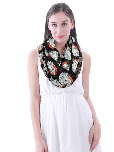 Lina & Lily Holiday Christmas Pattern Print Women's Infinity Scarf Lightweight - color: Black, Xmas Santa Claus Holly Leaf