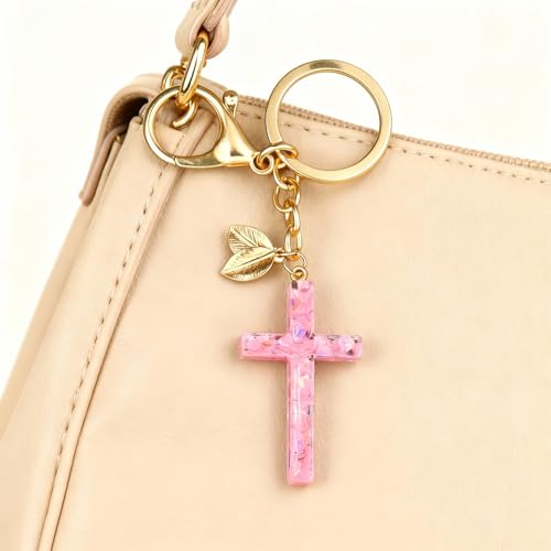 Angyape Cute Christian Cross Keychain for Women Purse Bag Charms Car Key Rings Accessories Flower Design Jesus Faith Gifts - color: M：rose Red