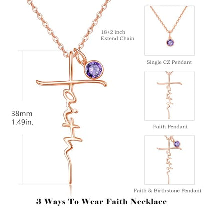 PRAYMOS Faith Cross Necklace for Women 925 Sterling Silver Pendant Necklace With Birthstone Initial Christian Religious Confirmation Baptism Mothers Day Gifts - color: 4-Rose Gold May(Emerald)