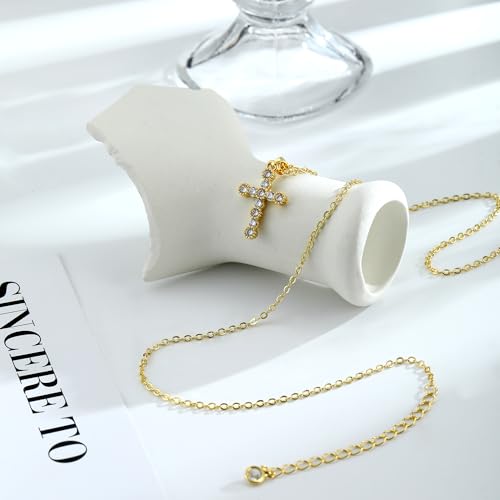 Cross Necklace For Women,14K Gold Plated Small Dainty Colorful Beaded Cubic Zirconia Diamond Double Layered Cross Pendant Choker Necklaces For Women,Christian Easter Religious Jewelry Gifts - style: Round CZ Cross-Gold