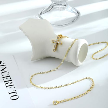 Cross Necklace For Women,14K Gold Plated Small Dainty Colorful Beaded Cubic Zirconia Diamond Double Layered Cross Pendant Choker Necklaces For Women,Christian Easter Religious Jewelry Gifts - style: Round CZ Cross-Gold