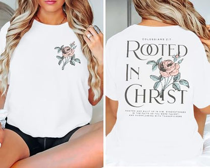 Rooted in Christ Shirt Christian Shirts for Women Jesus Oversized Tshirt - color: White Flower, size: Small