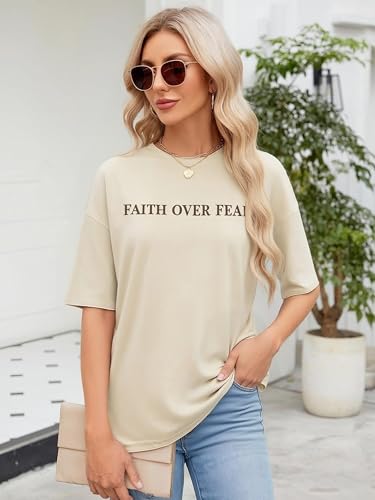 Faith Over Fear Shirt for Women Graphic Shirts Oversized Graphic Christian Tshirts Tees Tops - color: Apricot, size: XX-Large
