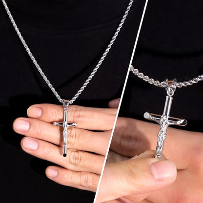 ALEXCRAFT Sterling Silver Plated Cross Necklace for Men Gold Plated Cross Necklaces for Women Trendy Stainless Steel Crucifix Pendant with 3mm 21inch Rope Chain - color: Silver-21in