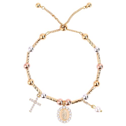 Rosary Cross Bracelet for Women, Gold Virgin Mary Rosary Beads Catholic Bracelet - style: multicolor beads