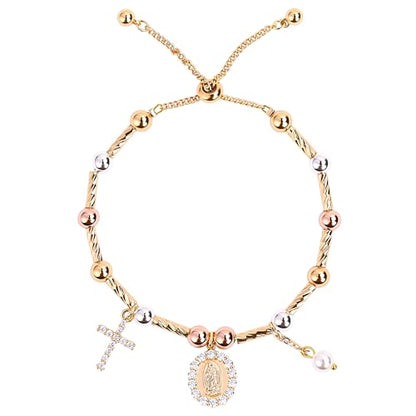 Rosary Cross Bracelet for Women, Gold Virgin Mary Rosary Beads Catholic Bracelet - style: multicolor beads