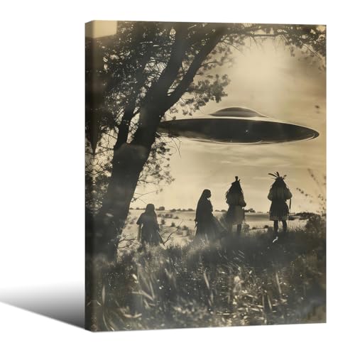 Gothic Dark Academia UFO Poster Vintage Native American Alien Close Encounter Wall Art Wild Southwestern Western Painting 08x10 inch Framed for Living Room Bedroom Wall Decor - color: Grey-wframed, size: 10L" x 8W"