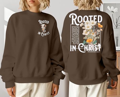 Women Christian Sweatshirt Rooted in Christ Shirts Jesus Boho Faith Clothes - color: Brown, size: Medium