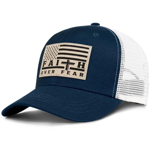 Faith Over Fear Christian Hats for Men Women, American Flag Trucker Hat, Religious Gifts for Thanksgiving Christmas - color: Navy Blue