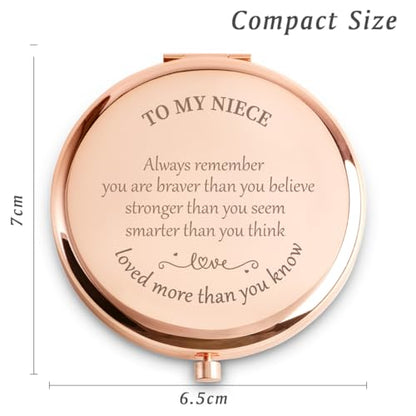 Personalized Gifts for Niece, Inspirational Niece Gifts for Birthday, Engraved Compact Mirror, Graduation Mothers Day Basket Stuffers - color: Niece - Braver,stronger,smarter,loved