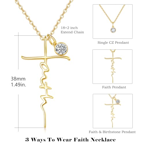 PRAYMOS Faith Cross Necklace for Women 925 Sterling Silver Pendant Necklace With Birthstone Initial Christian Religious Confirmation Baptism Mothers Day Gifts - color: 3-18K Gold Plated April(Clear Cubic Zirconia)