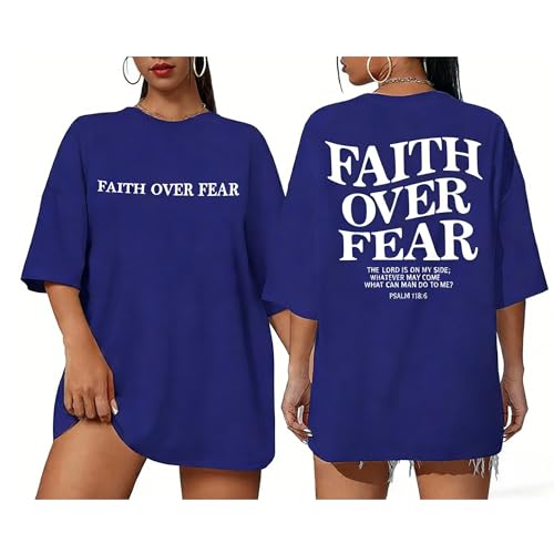 Faith Over Fear Shirt for Women Graphic Shirts Oversized Graphic Christian Tshirts Tees Tops - color: Blue, size: Medium