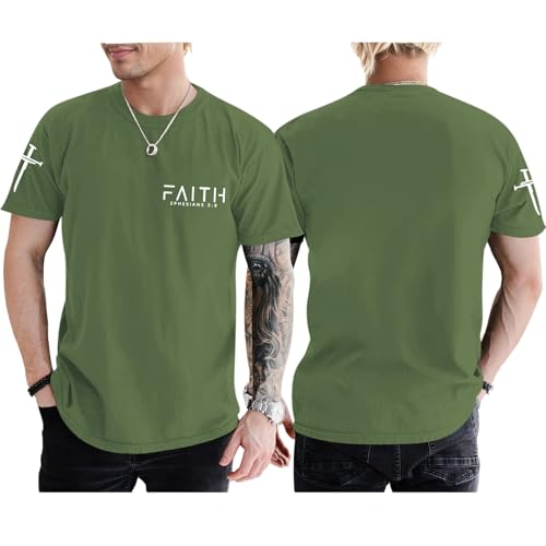 Christian Faith Cross Shirts for Men Jesus God Bible Verse Shirt Religious Inspirational Tshirts Graphic Cotton Tees - color: Army Green, size: Small