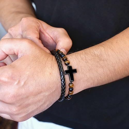 Gifts for Men Bracelets Triple Protection Cross Bracelet 8mm Black Obsidian Hematite Tiger Eye Beaded Natural Stone Bracelets Birthday Jewelry Gifts Cross Christian Gift for Him Husband Son - color: To My Grandson,Mix Style