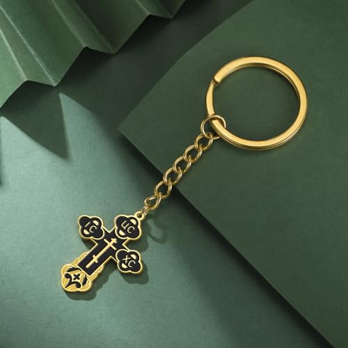 TEAMER Cross Keychain Russian Orthodox Crucifix Eastern Church Keychain Religious Christian Prayer Jewelry for Men Women - color: Black Gold