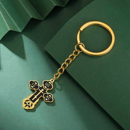 TEAMER Cross Keychain Russian Orthodox Crucifix Eastern Church Keychain Religious Christian Prayer Jewelry for Men Women - color: Black Gold