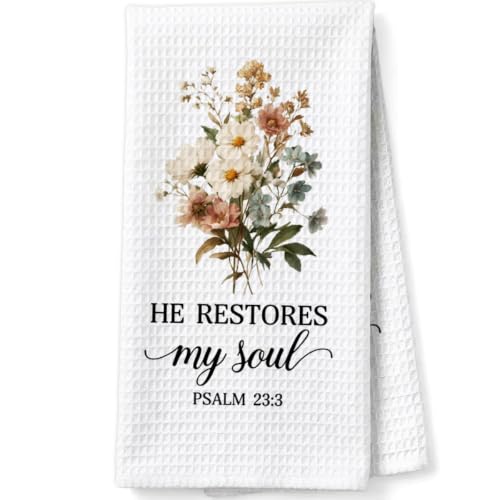 Christian Scripture Gifts Decorative Towels for Women Hostess Faith Prayer, Bible Verse Gifts Waffle Weave Kitchen Towels, He Restores My Soul Psalm 23:3 - color: Cyan