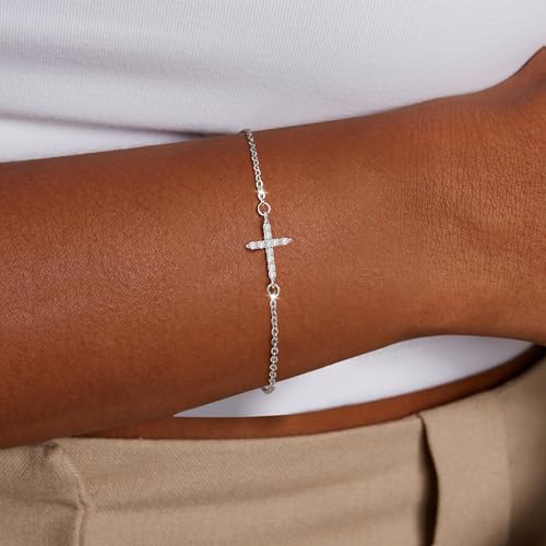 Moodear Cross Bracelet for Women, Dainty Sterling Silver/Gold Plated Gift - color: Sterling Silver CZ Cross Bracelet