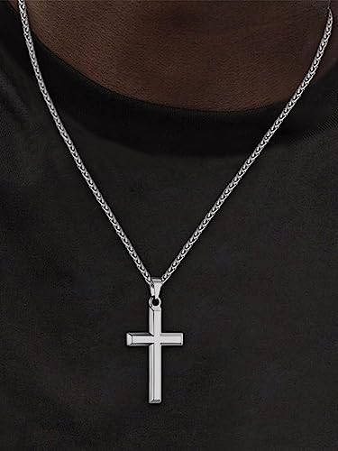 ChainsHouse Cross Necklace for Men, Black/18K Gold Plated/Stainless Steel Christian Jewelry Cross Pendant Necklace for Men, with Gift Box - color: d: Cross-Steel