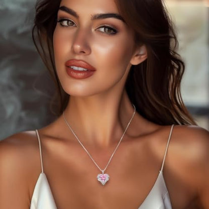 CDE Angel Wings Heart Birthstone Pendant Necklace Gift for Women - color: White-10-Opal Pink Birthstone
