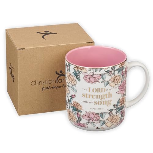 Christian Art Gifts Pink Floral Ceramic Coffee Mug – 14 oz. Lead and Cadmium-free Non-toxic Inspirational Scripture Coffee and Tea Mug for Women with Bible Verse: My Strength and My Song –Psalm 118:14