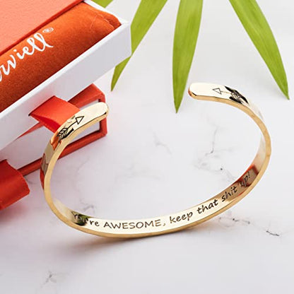 Carviell Bracelets for Women – 100+ Meaningful Engraved Messages – Solid 316L Surgical Stainless Steel Cuff Bracelet – Gift Ready - color: CONFIDENCE Gift - You're AWESOME, keep that sh*t up! - GOLD