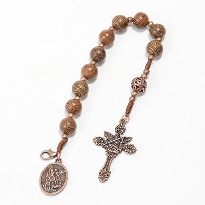 Nazareth Store Wood Beads One Decade Rosary Handmade Pocket Car Mirror with Saint Medal and Jesus Cross in Antique Bronze Wooden Travel Friendly Rosary - style: St. michael medal & cross
