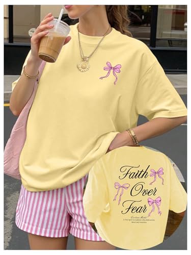 SweatyRocks Women's Bow Shirt Oversized Letter Graphic Tees Cute Tops Trendy Bible Verse Religious T Shirts - color: Yellow, size: Large