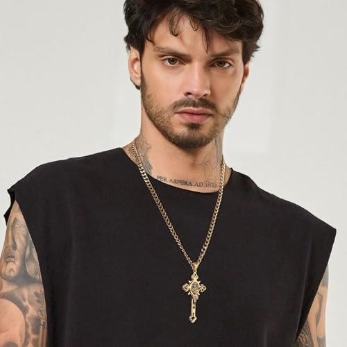 HZMAN Stainless Steel St. Benedict Crucifix Cross Necklace for Men - color: Large Gold