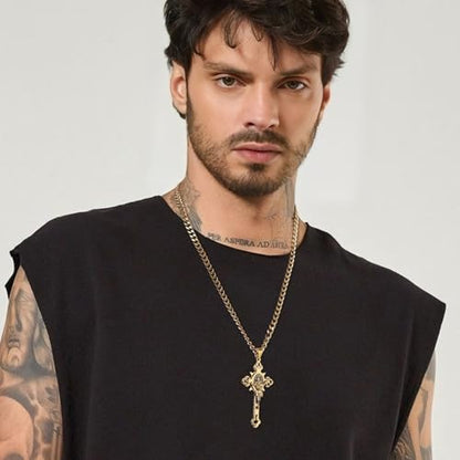 HZMAN Stainless Steel St. Benedict Crucifix Cross Necklace for Men - color: Large Gold