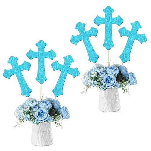 12Pcs Cross Centerpiece Sticks Blue Glitter God Baptism Table Toppers Christian Theme Baby Shower Decorations for Easter God Bless First Communion Christening Birthday Party Supplies