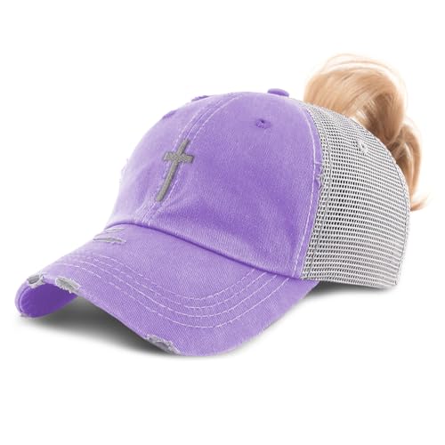 Ponytail Cap Women's Baseball Cap Embroidered Cross Silver Christ Jesus God Faith Cotton - color: Lavender Design Only